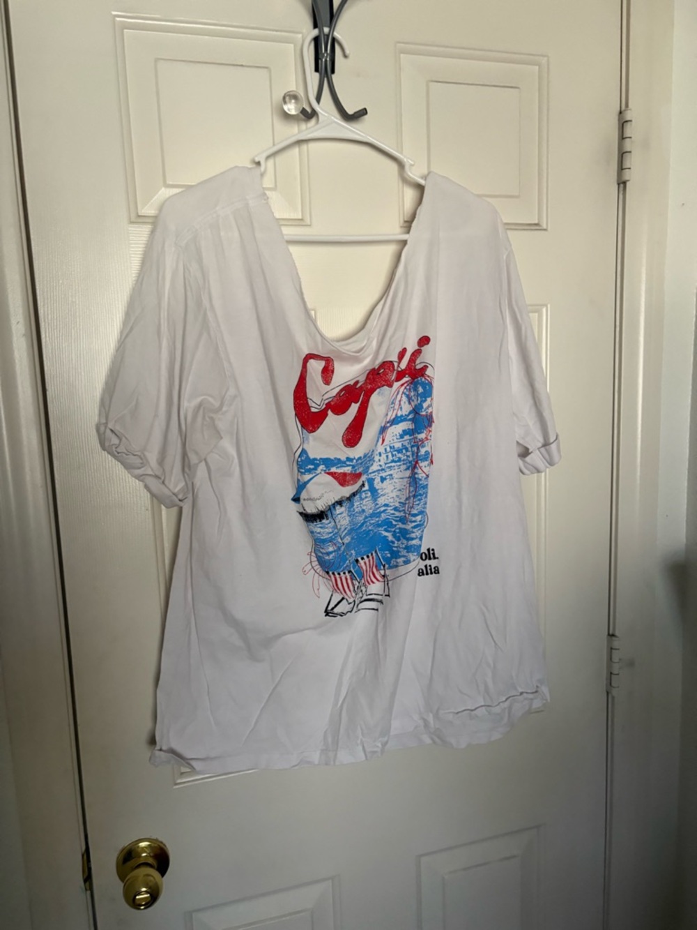 White Graphic Cut off the shoulde Short-Sleeve Women’s Tee with Red & Blue Print